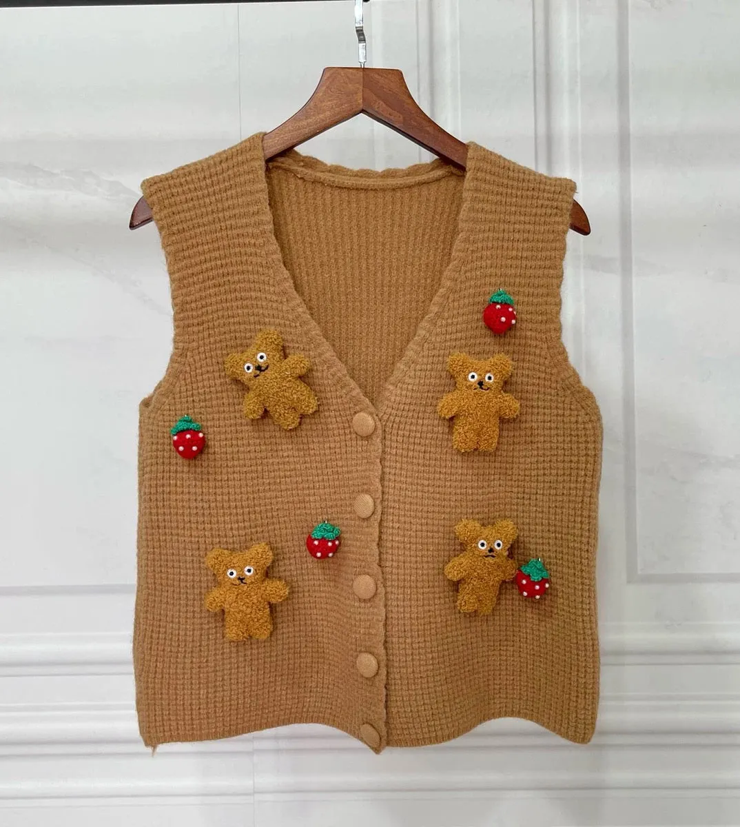 Retro rhombus vest autumn and winter new casual three-dimensional bear doll knitted sweater parent women's top trendy