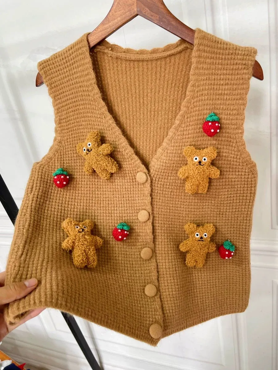 Retro rhombus vest autumn and winter new casual three-dimensional bear doll knitted sweater parent women's top trendy