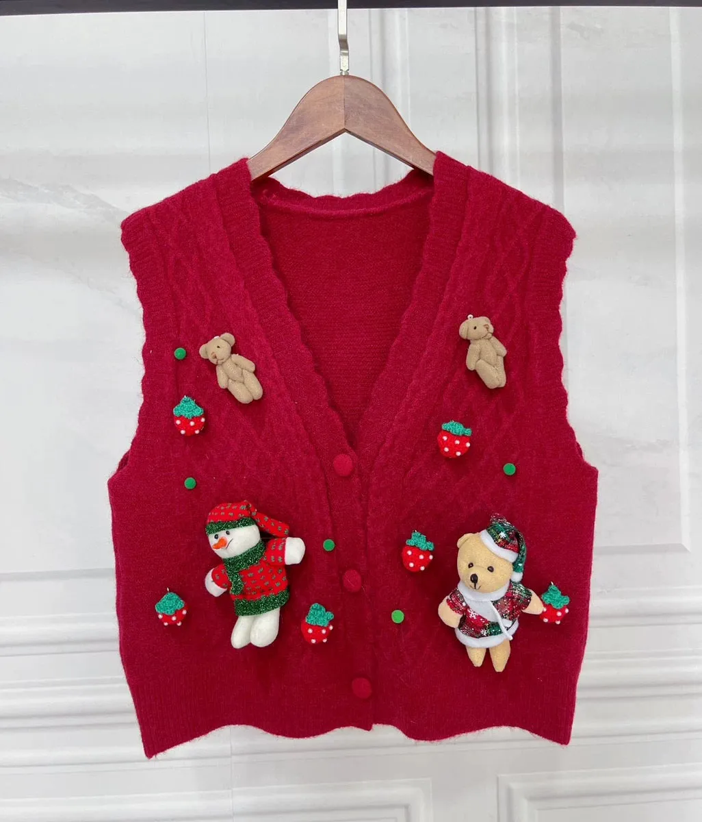 Retro three-dimensional Christmas figure elk vest vest autumn and winter new casual women's jacket sweater top