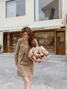 Rich girl's high-end golden French style long-sleeved jacket vest dress women's tweed suit (D166)