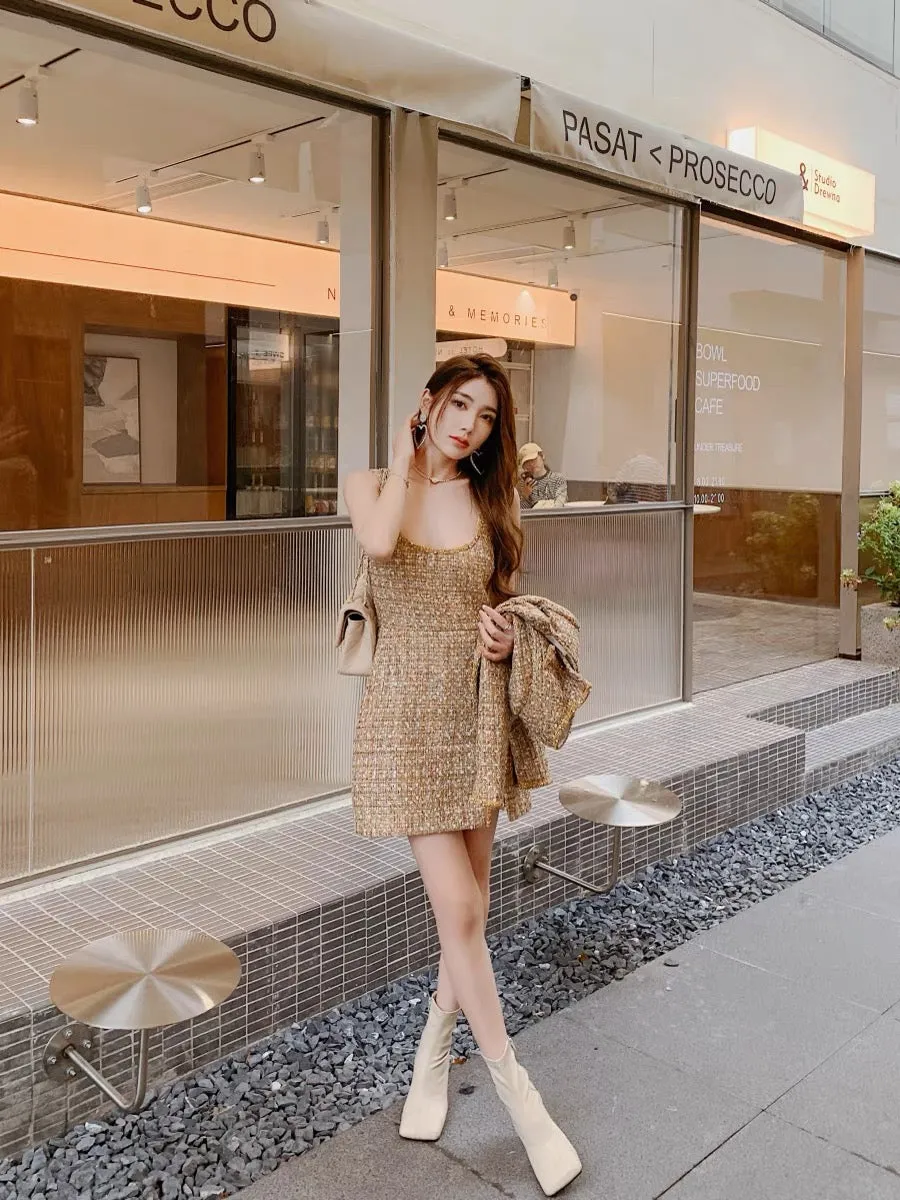 Rich girl's high-end golden French style long-sleeved jacket vest dress women's tweed suit (D166)