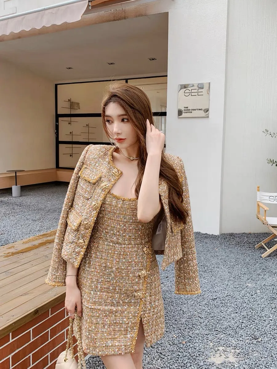 Rich girl's high-end golden French style long-sleeved jacket vest dress women's tweed suit (D166)