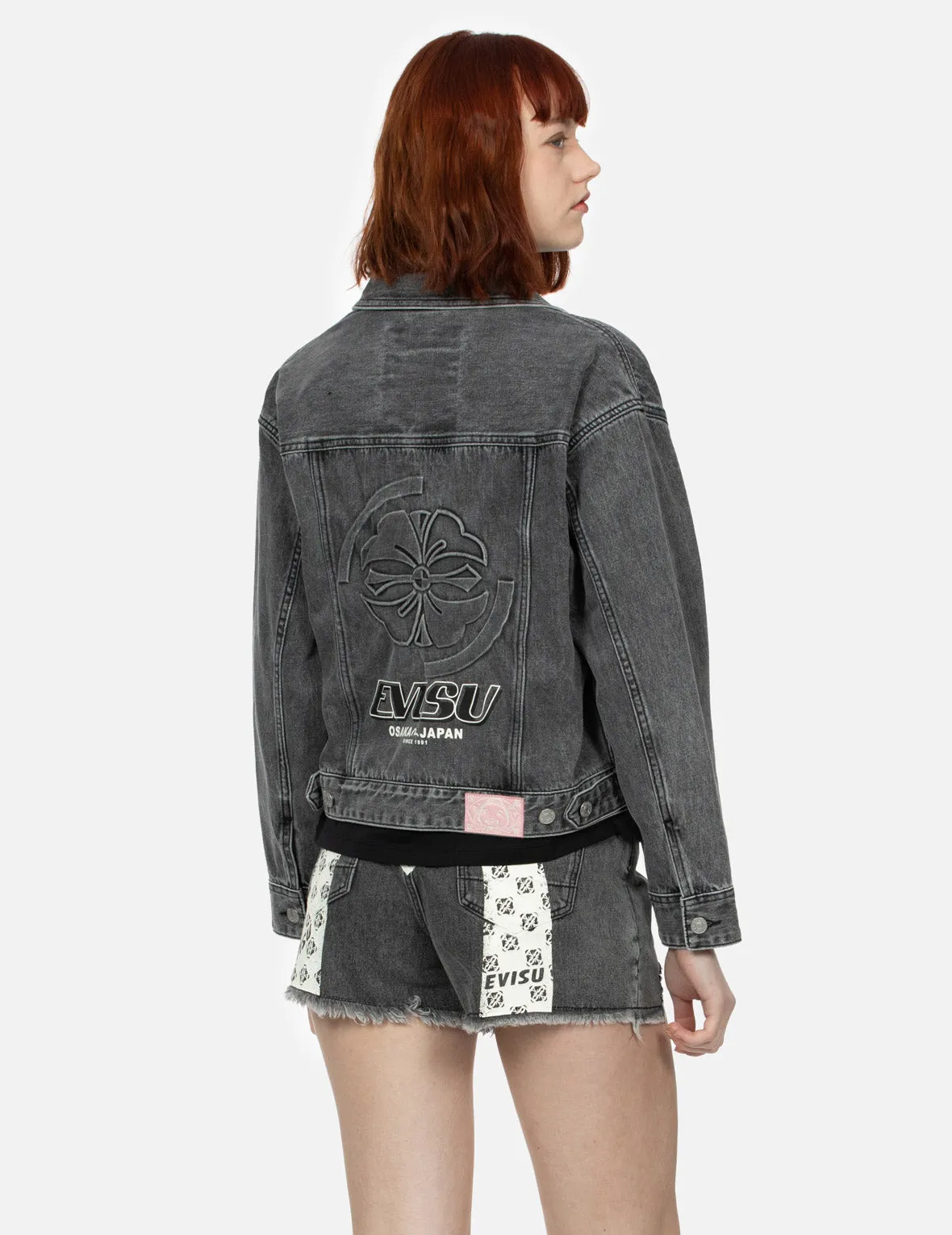 Seagull Embroidery and Kamon Embossed Print Loose Fit Denim Jacket