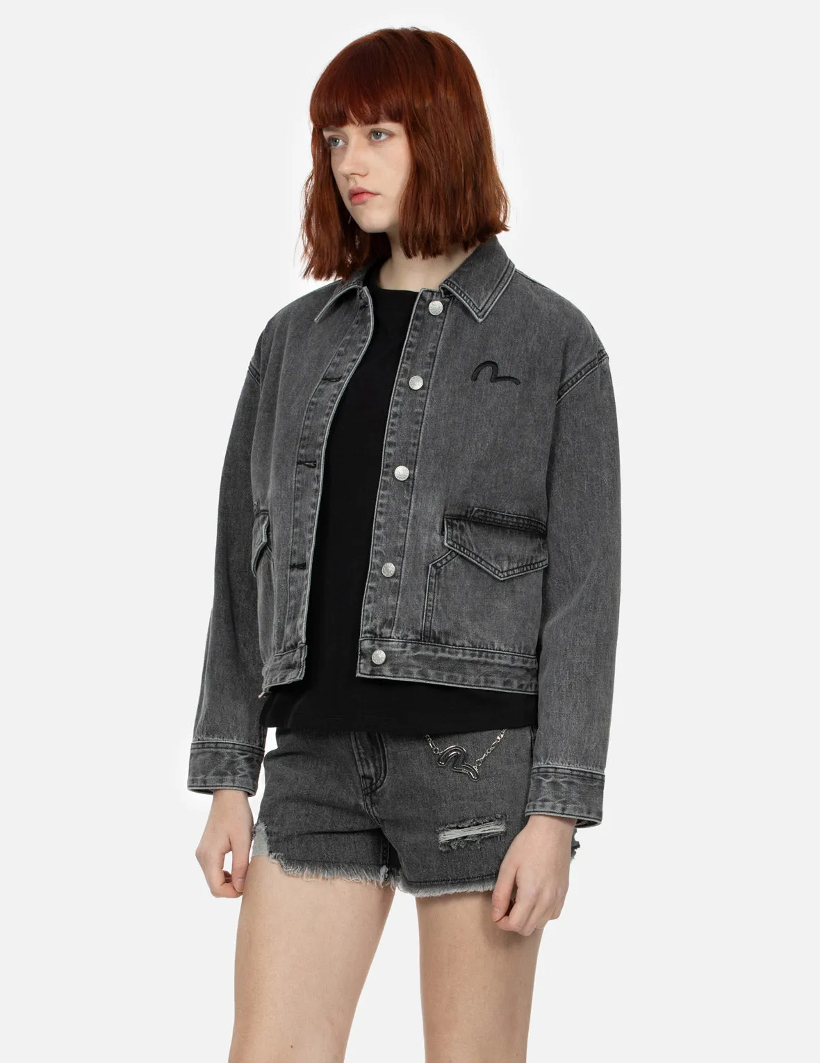 Seagull Embroidery and Kamon Embossed Print Loose Fit Denim Jacket