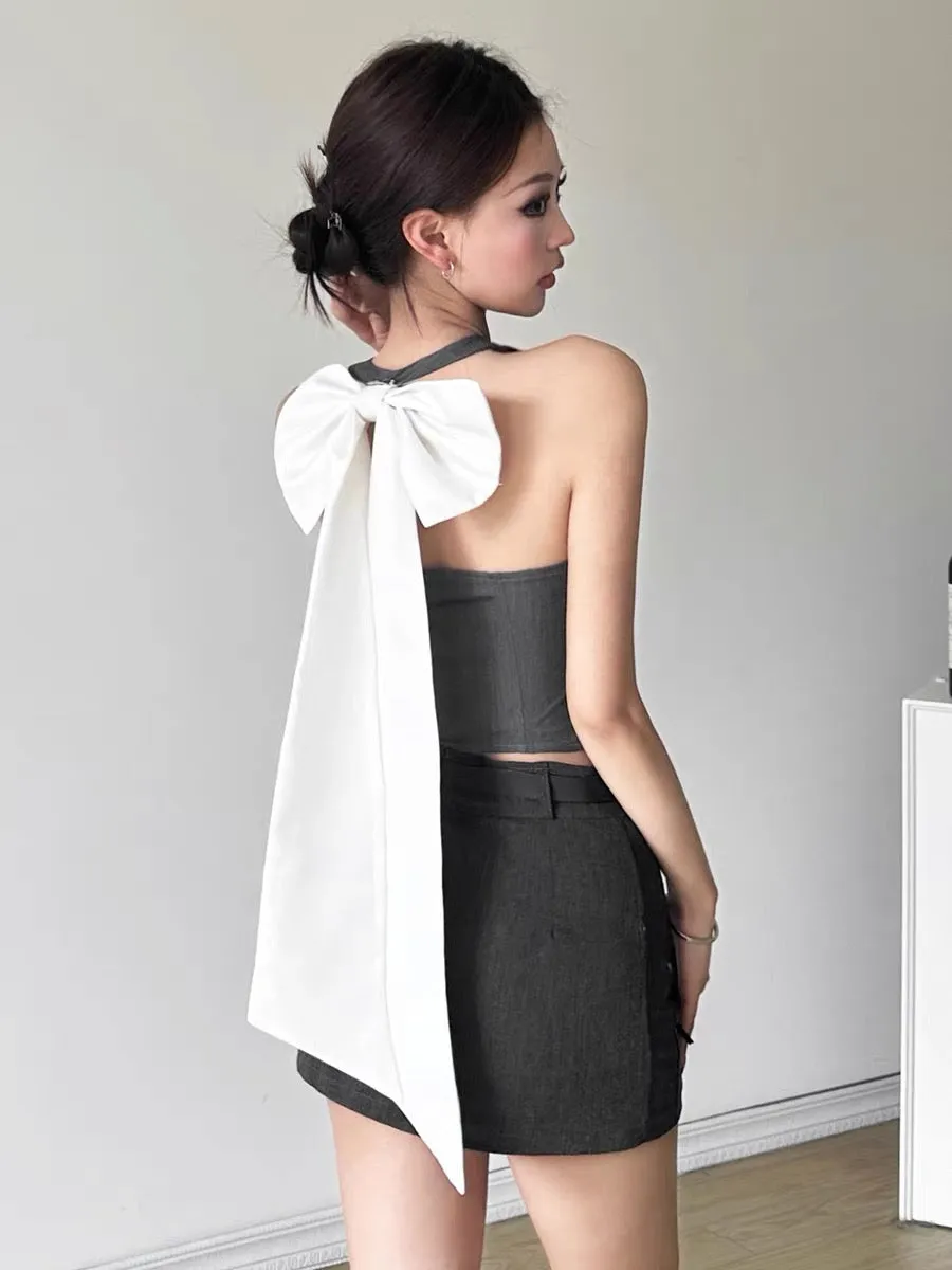 #Sisjuly# Everyday, versatile and smart, cute bow tie on the back, haze gray vest, trendy and cool girl