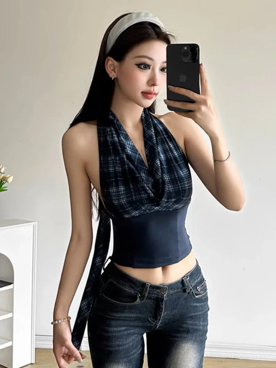 #Sisjuly# Hong Kong style retro vibe plaid slim fit swing collar halter neck suspender for women hollow versatile vest trend