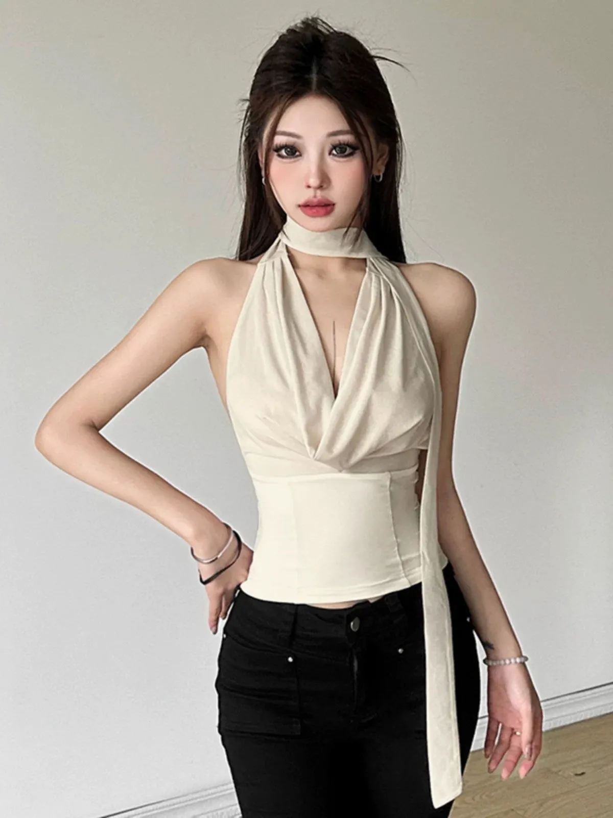 #Sisjuly# Hong Kong style retro vibe plaid slim fit swing collar halter neck suspender for women hollow versatile vest trend