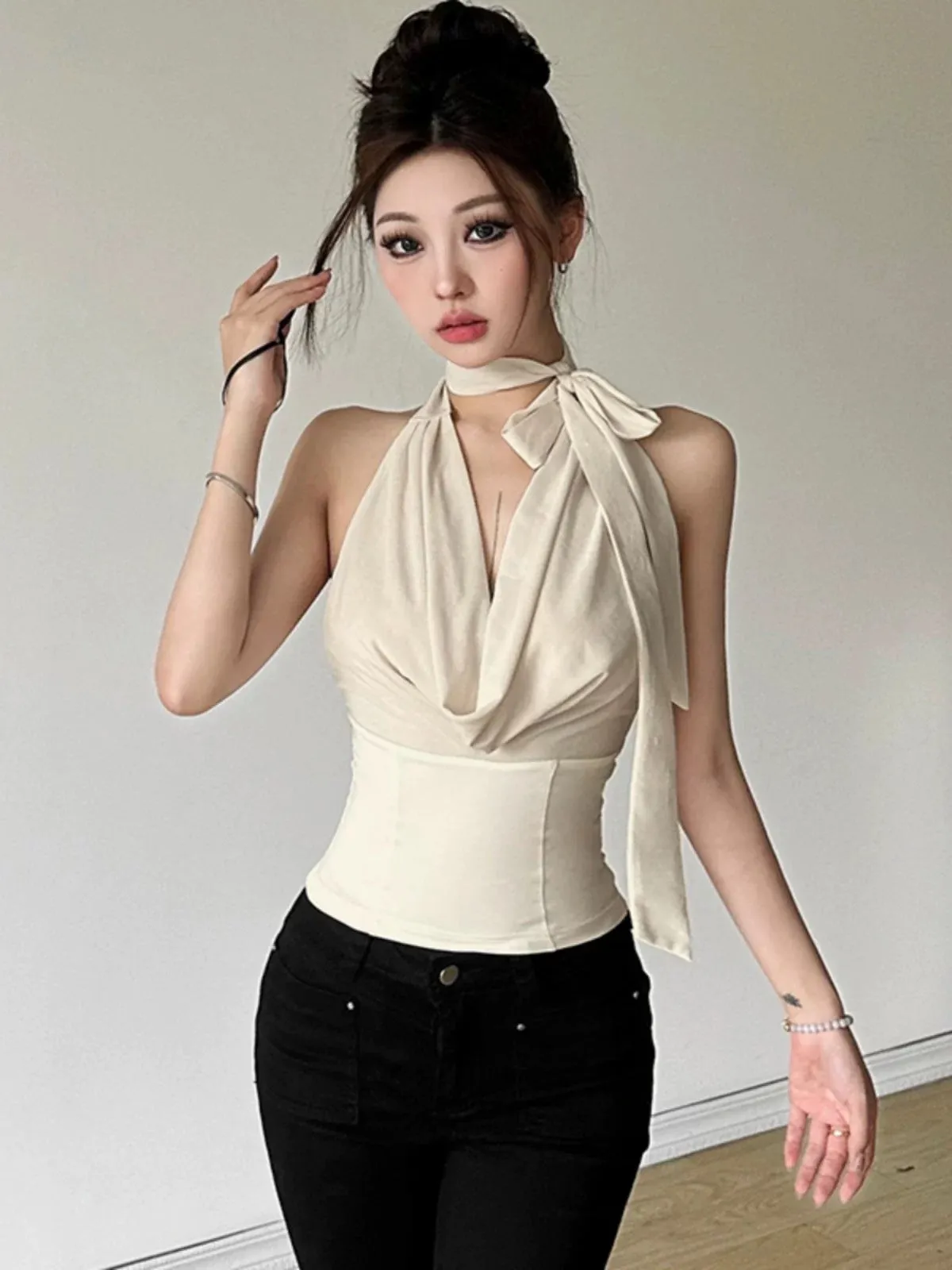 #Sisjuly# Hong Kong style retro vibe plaid slim fit swing collar halter neck suspender for women hollow versatile vest trend