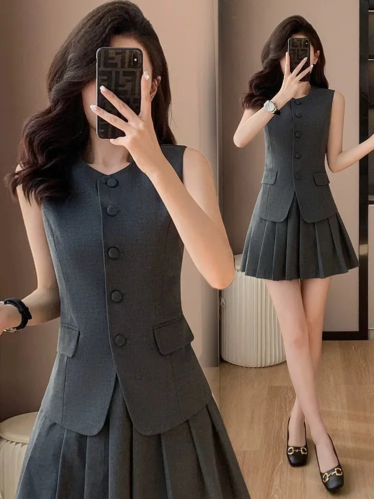 Sleeveless suit for women summer new style small slim vest casual vest pleated skirt two-piece set