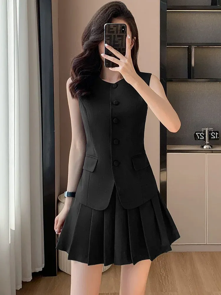 Sleeveless suit for women summer new style small slim vest casual vest pleated skirt two-piece set