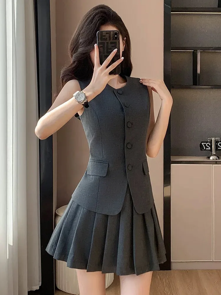 Sleeveless suit for women summer new style small slim vest casual vest pleated skirt two-piece set