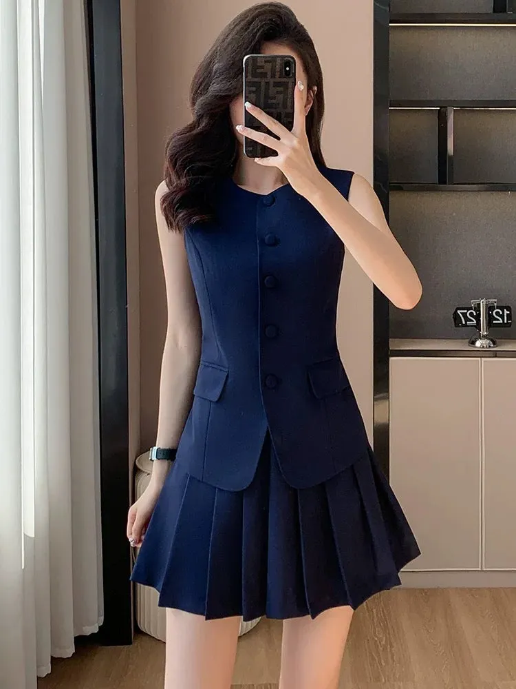 Sleeveless suit for women summer new style small slim vest casual vest pleated skirt two-piece set