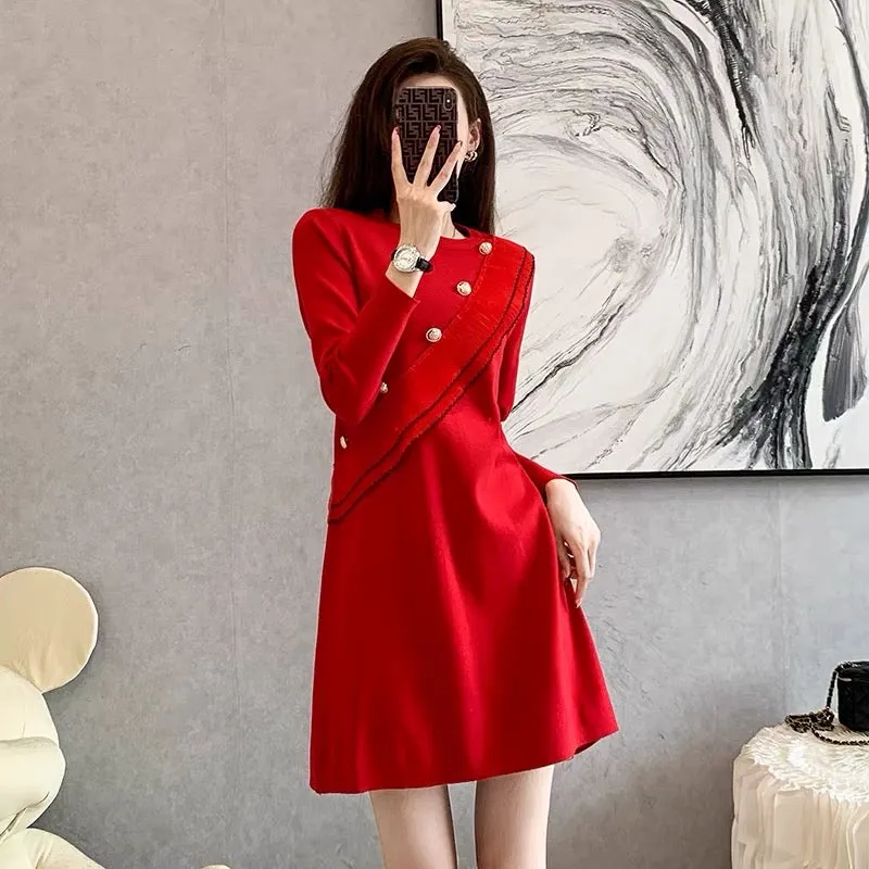 Small knitted dress spring and autumn 2023 new red temperament animal year skirt with bottoming sweater skirt D6699