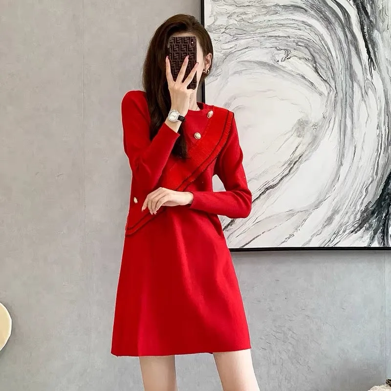 Small knitted dress spring and autumn 2023 new red temperament animal year skirt with bottoming sweater skirt D6699