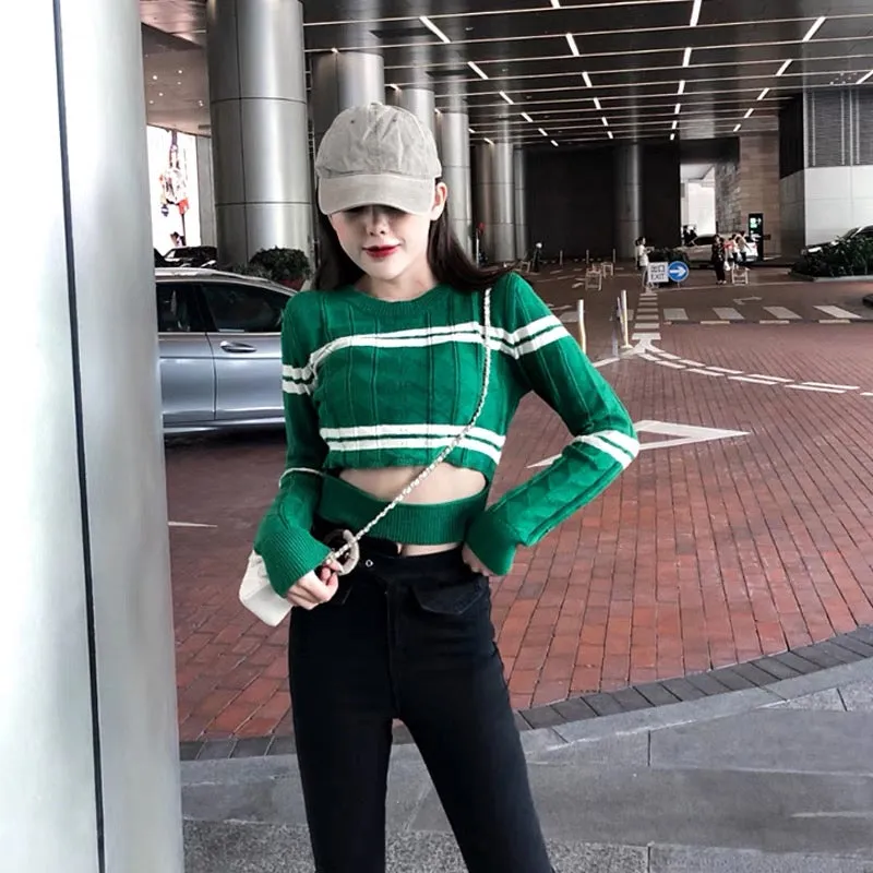 Striped short navel-baring pullover long-sleeved sweater top for women 2023 new autumn style sweater bottoming shirt (B4410)