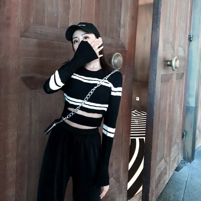 Striped short navel-baring pullover long-sleeved sweater top for women 2023 new autumn style sweater bottoming shirt (B4410)