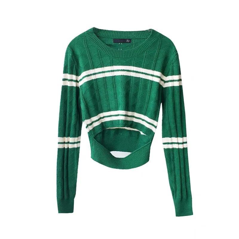 Striped short navel-baring pullover long-sleeved sweater top for women 2023 new autumn style sweater bottoming shirt (B4410)