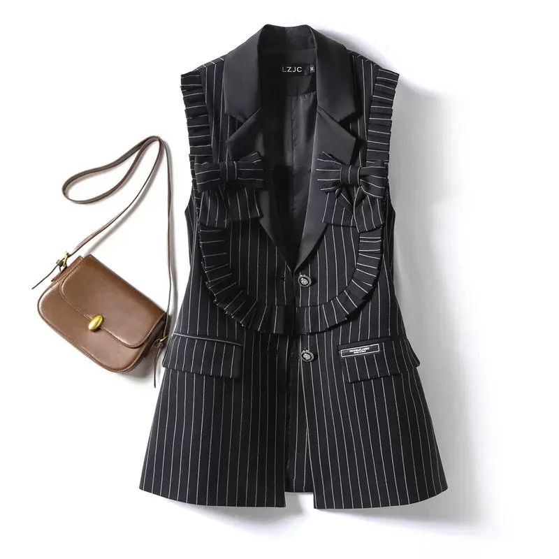 Striped suit vest for women mid-length loose European style satin collar bow design spring and autumn women's vest trendy