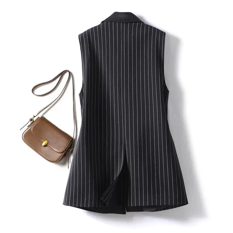 Striped suit vest for women mid-length loose European style satin collar bow design spring and autumn women's vest trendy