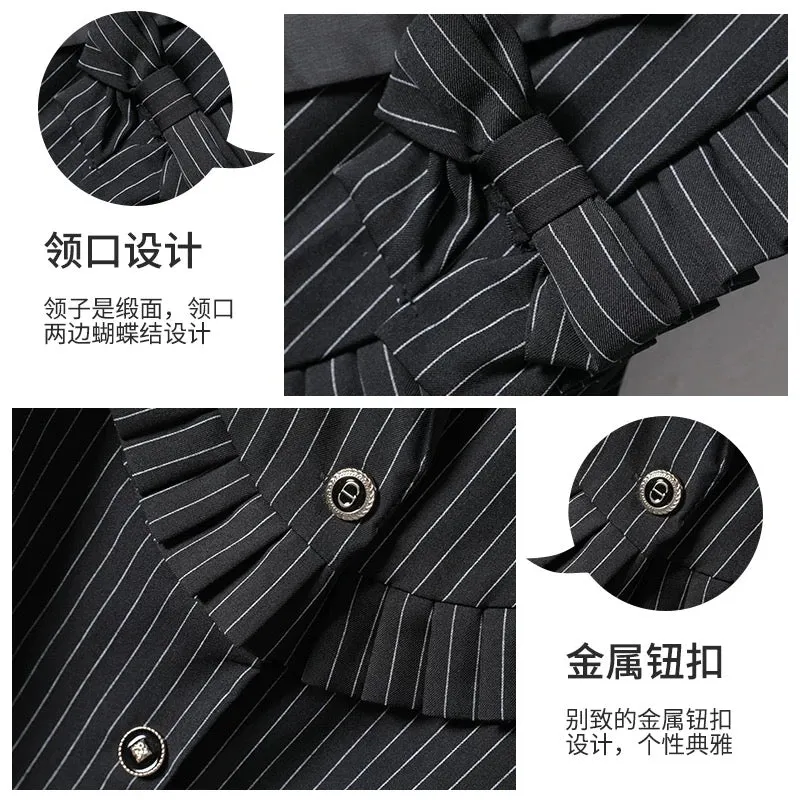 Striped suit vest for women mid-length loose European style satin collar bow design spring and autumn women's vest trendy