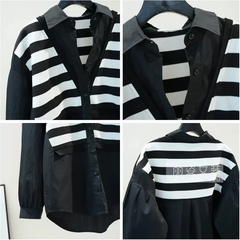 Striped vest stitching fake two-piece shirt women's black loose shirt 2024 autumn literary style long-sleeved top trendy