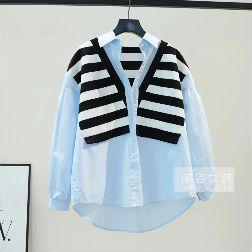 Striped vest stitching fake two-piece shirt women's black loose shirt 2024 autumn literary style long-sleeved top trendy