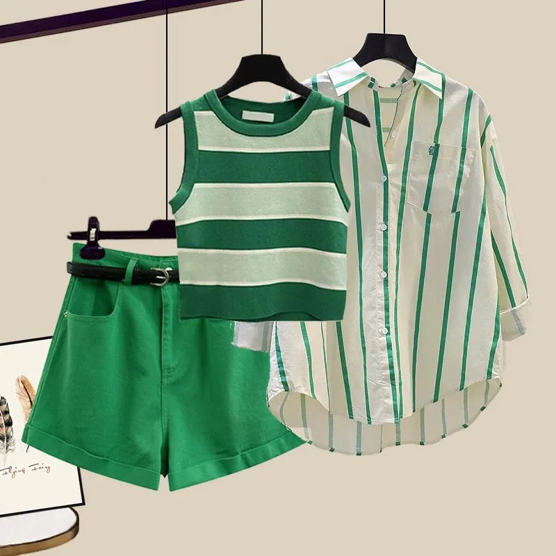 Summer women's suit fashionable fashionable green striped vest shirt shorts three-piece suit women's 2024 new style