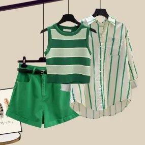 Summer women's suit fashionable fashionable green striped vest shirt shorts three-piece suit women's 2024 new style