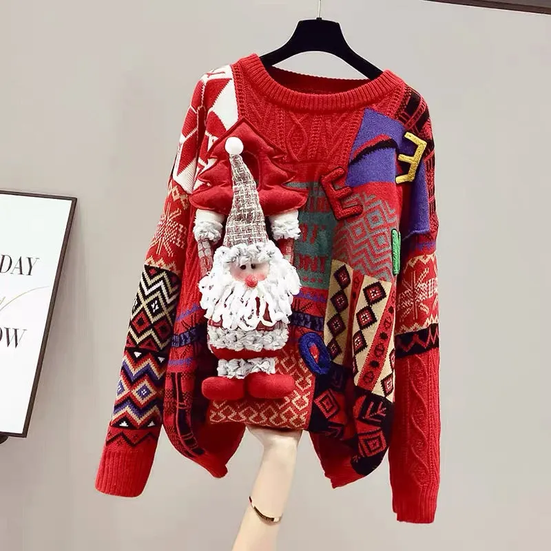 Sweater women's autumn and winter thick long 2023 new Christmas zodiac year of the rabbit red top hot style fashionable