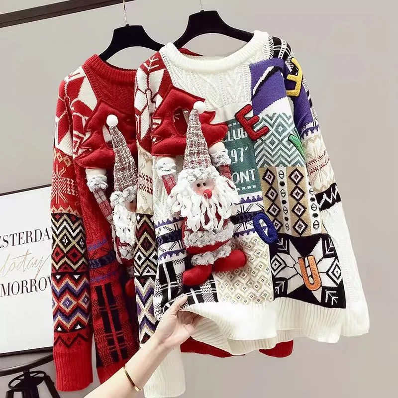 Sweater women's autumn and winter thick long 2023 new Christmas zodiac year of the rabbit red top hot style fashionable