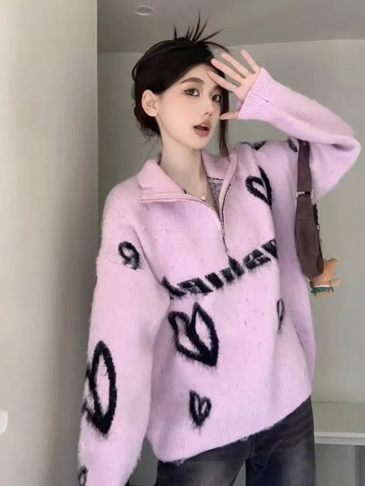 Sweet and cool atmosphere design love tassel lapel knitted sweater women's autumn and winter loose slimming temperament age-redu