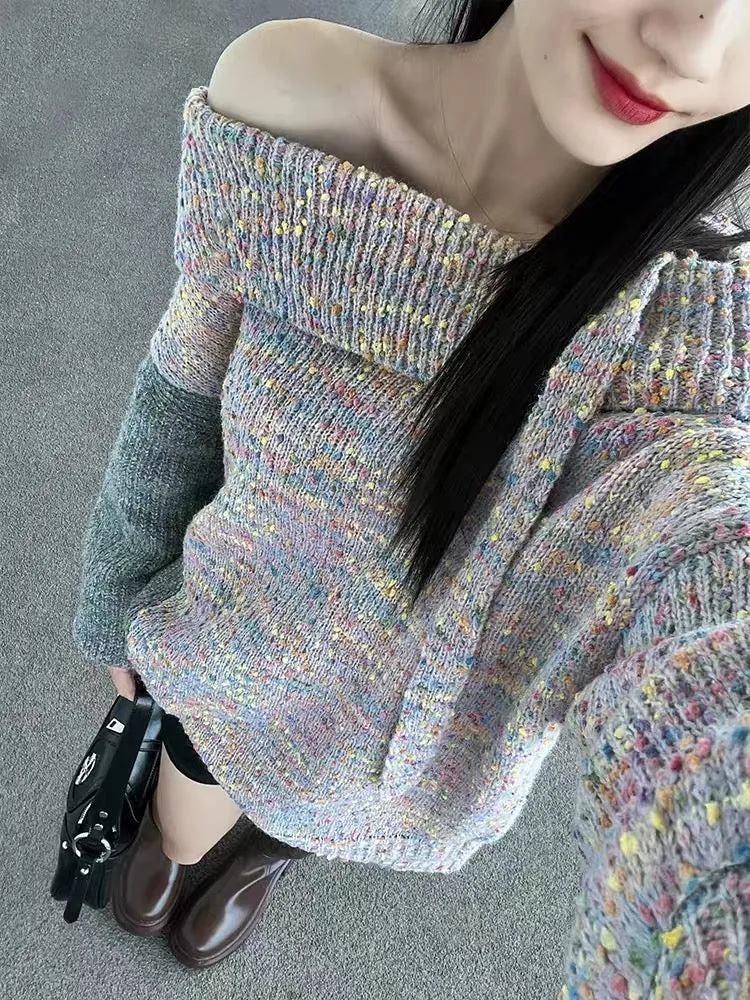 Sweet and cool hot girl design one-shoulder long-sleeved knitted sweater for women to wear in autumn, high-end irregular top