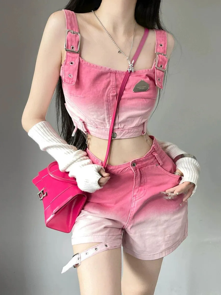 Sweet Cool Hot Girl Fashion Suit Women's Summer Dopamine Pink Denim Shorts Vest Top Slim High Waist Pants