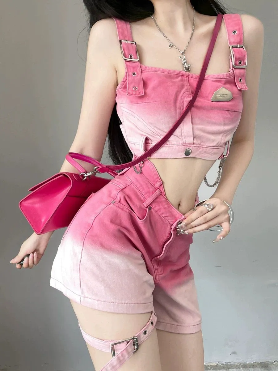 Sweet Cool Hot Girl Fashion Suit Women's Summer Dopamine Pink Denim Shorts Vest Top Slim High Waist Pants