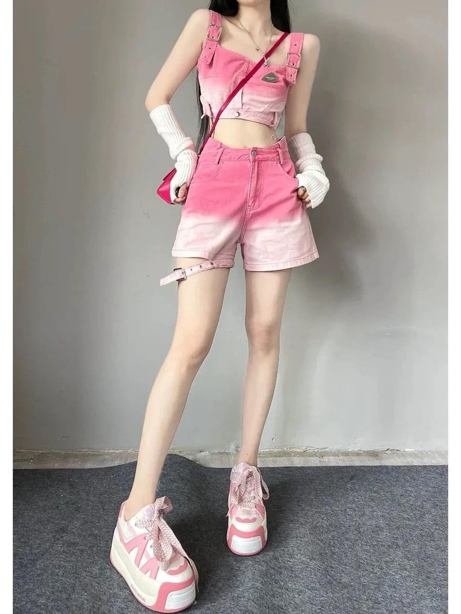 Sweet Cool Hot Girl Fashion Suit Women's Summer Dopamine Pink Denim Shorts Vest Top Slim High Waist Pants