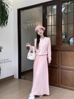 Sweet suit long-sleeved pink knitted sweater for women autumn high-waist pleated skirt skirt gentle style two-piece set