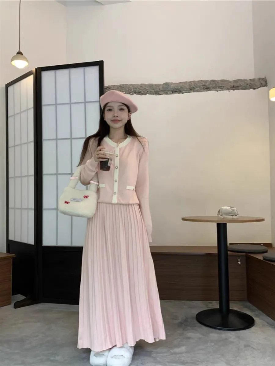 Sweet suit long-sleeved pink knitted sweater for women autumn high-waist pleated skirt skirt gentle style two-piece set