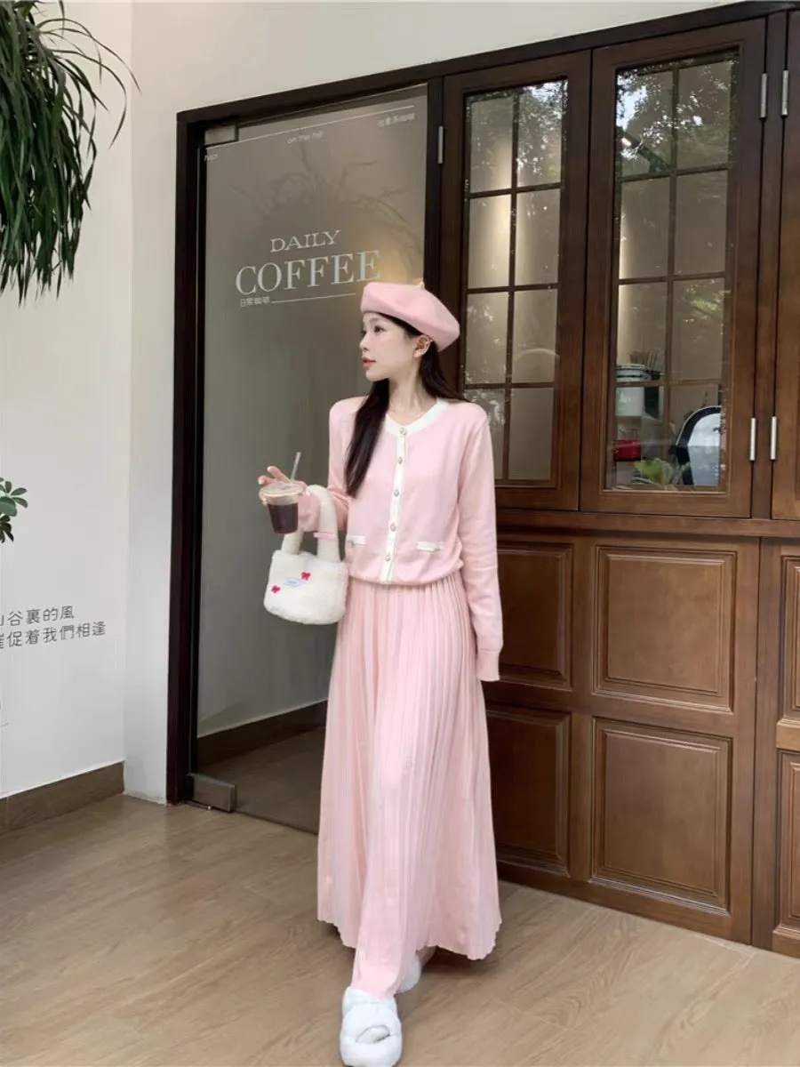 Sweet suit long-sleeved pink knitted sweater for women autumn high-waist pleated skirt skirt gentle style two-piece set