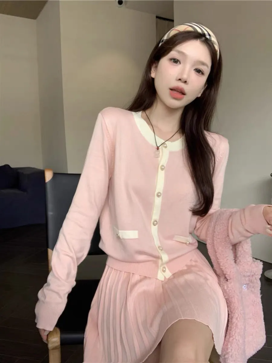 Sweet suit long-sleeved pink knitted sweater for women autumn high-waist pleated skirt skirt gentle style two-piece set