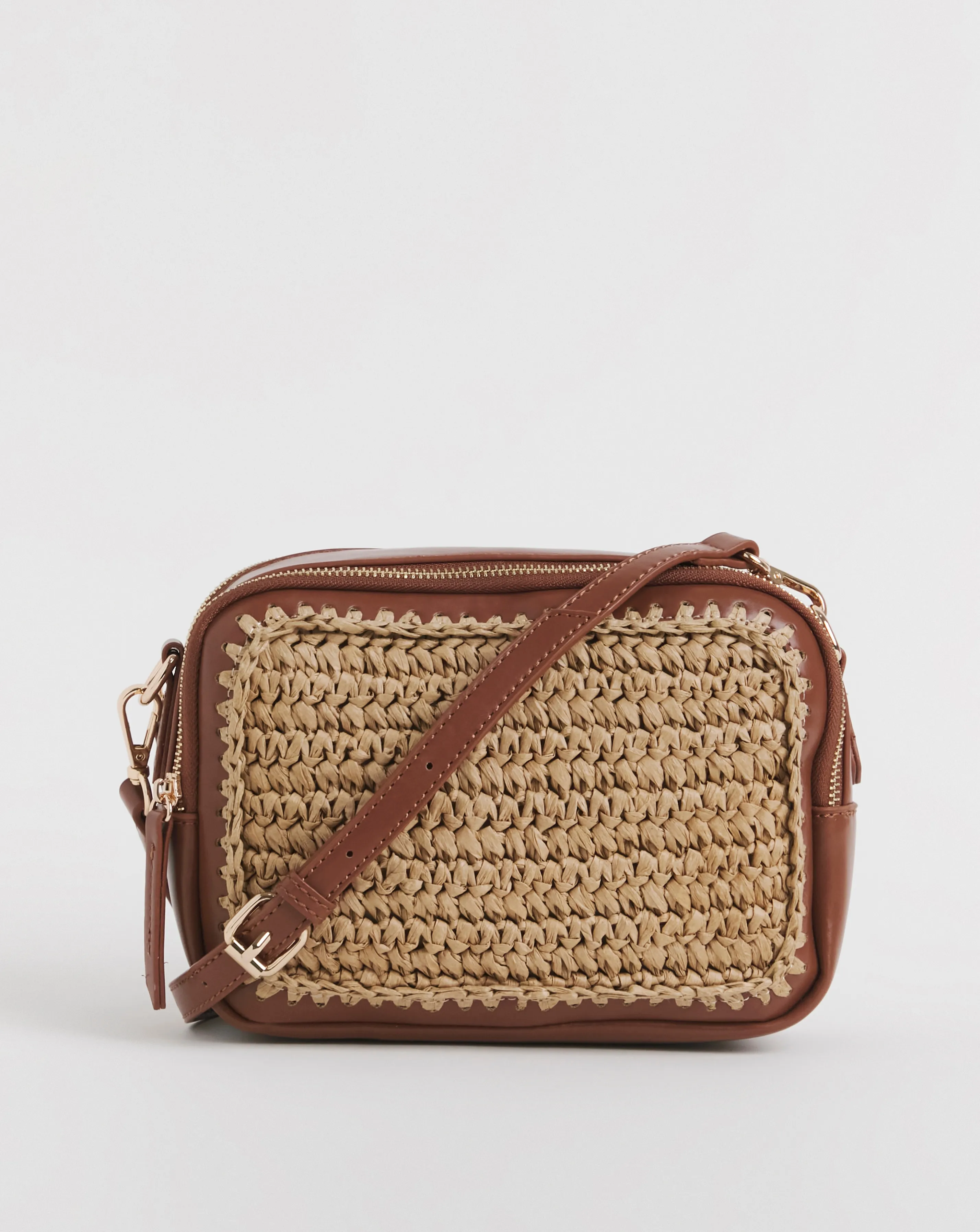 Tan Detail Raffia Camera Bag