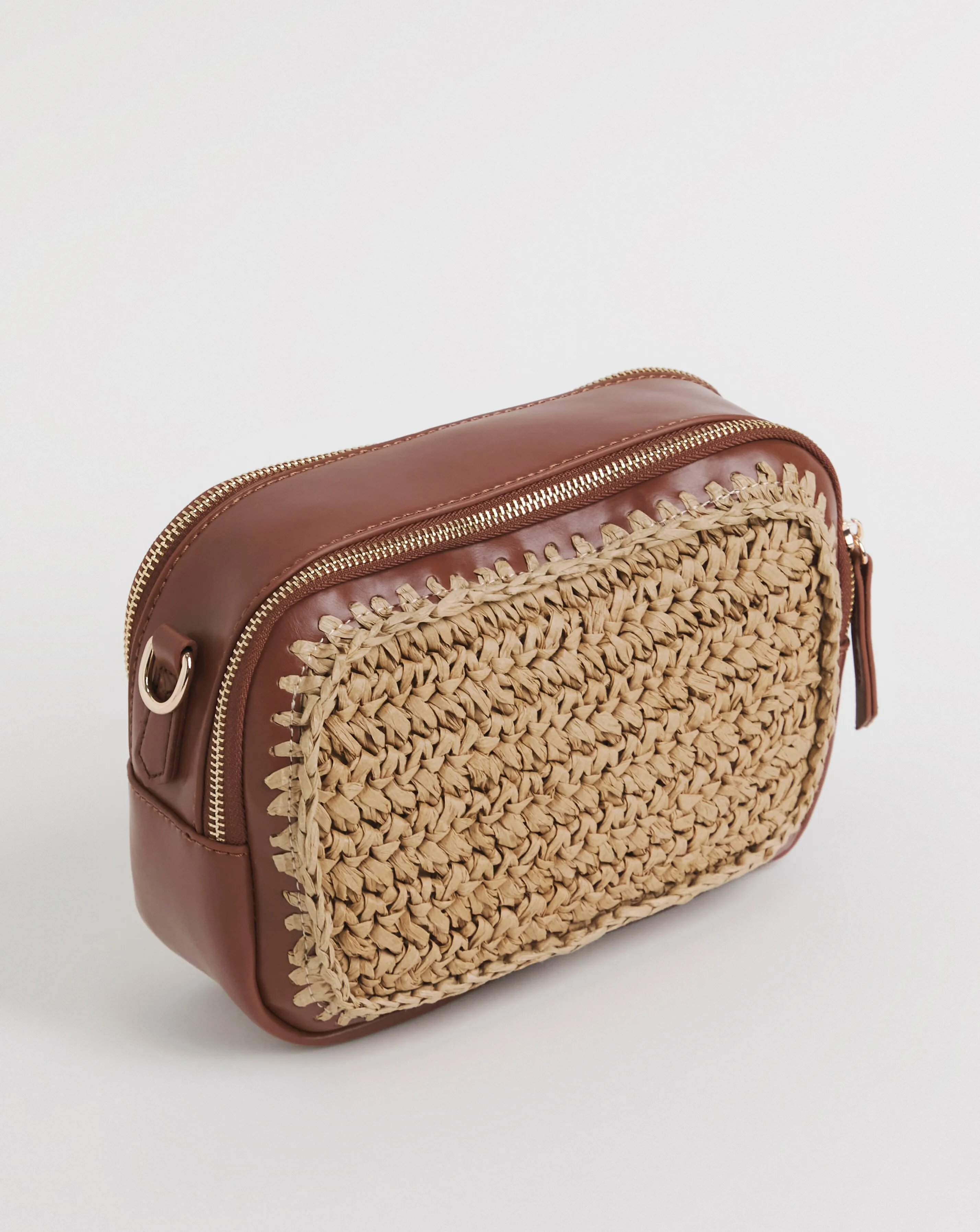 Tan Detail Raffia Camera Bag