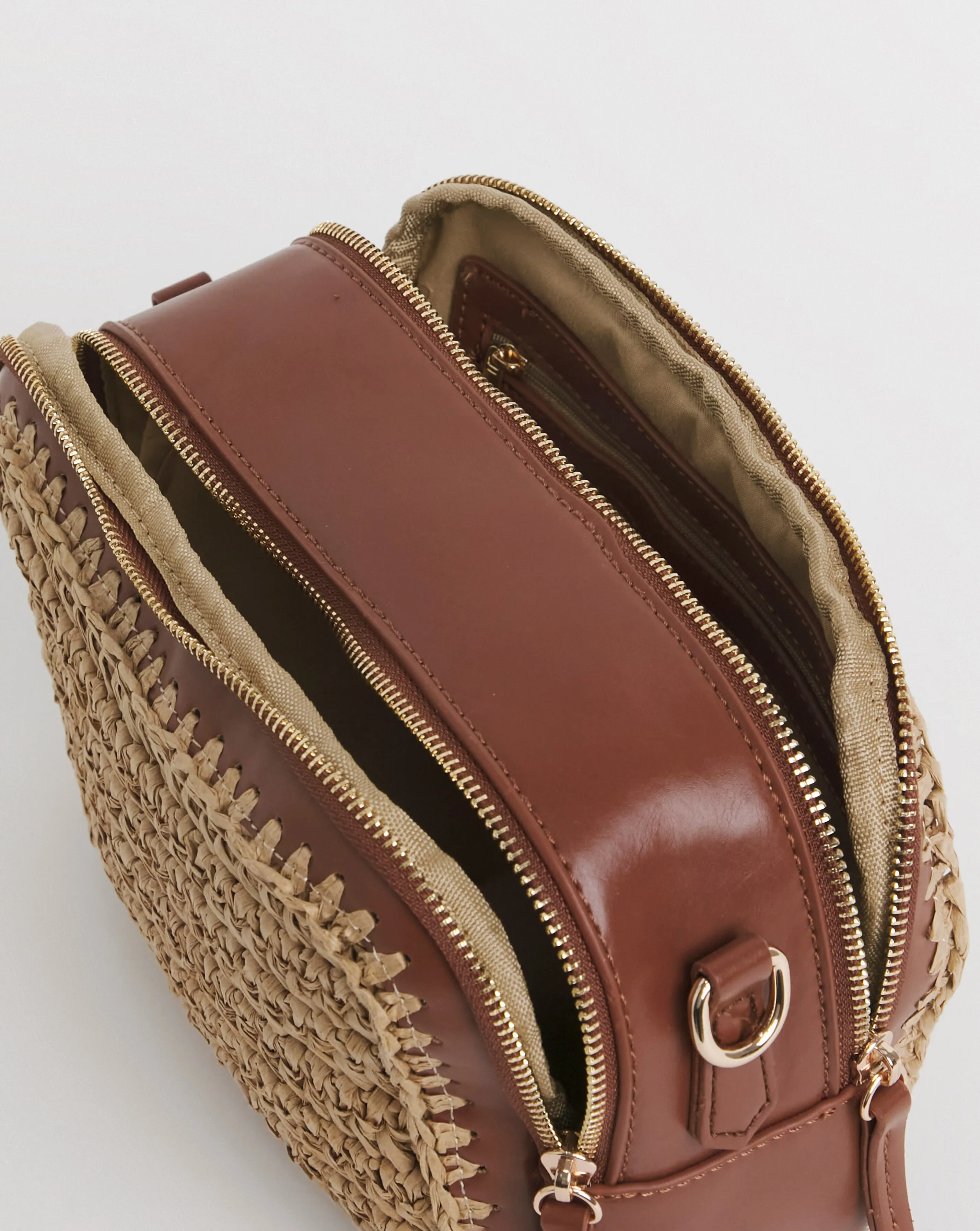 Tan Detail Raffia Camera Bag