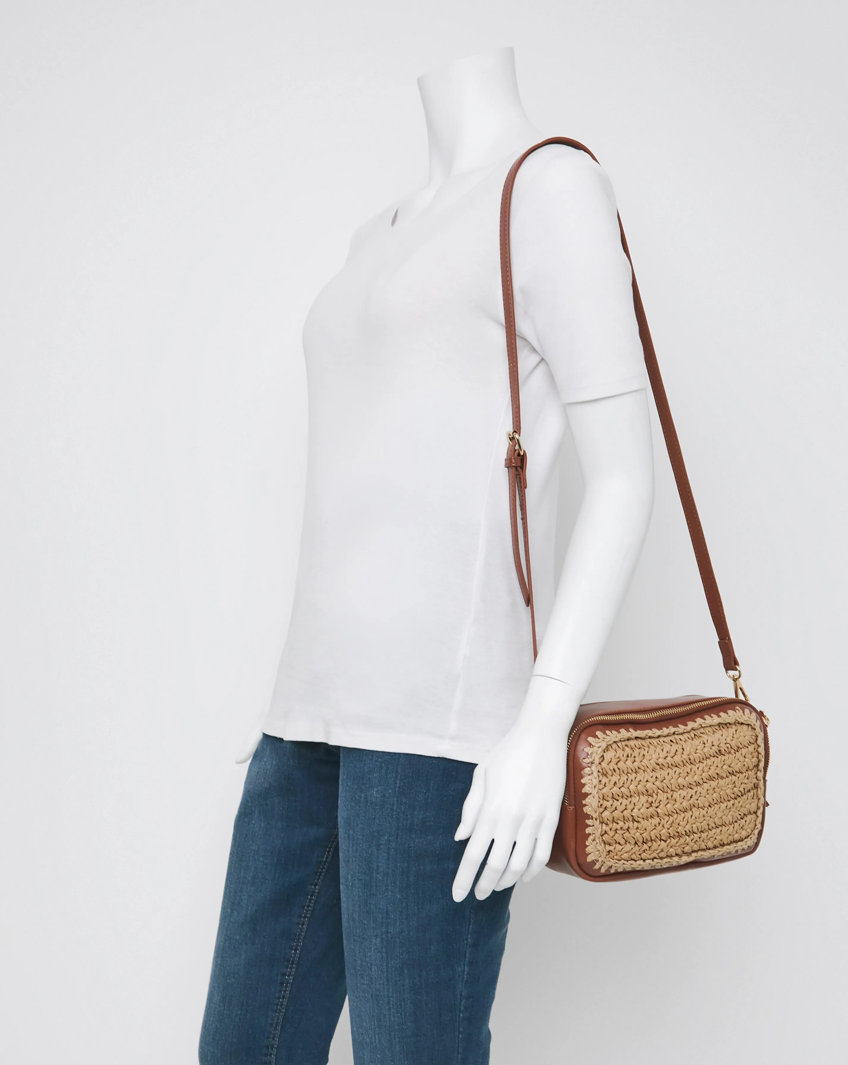 Tan Detail Raffia Camera Bag