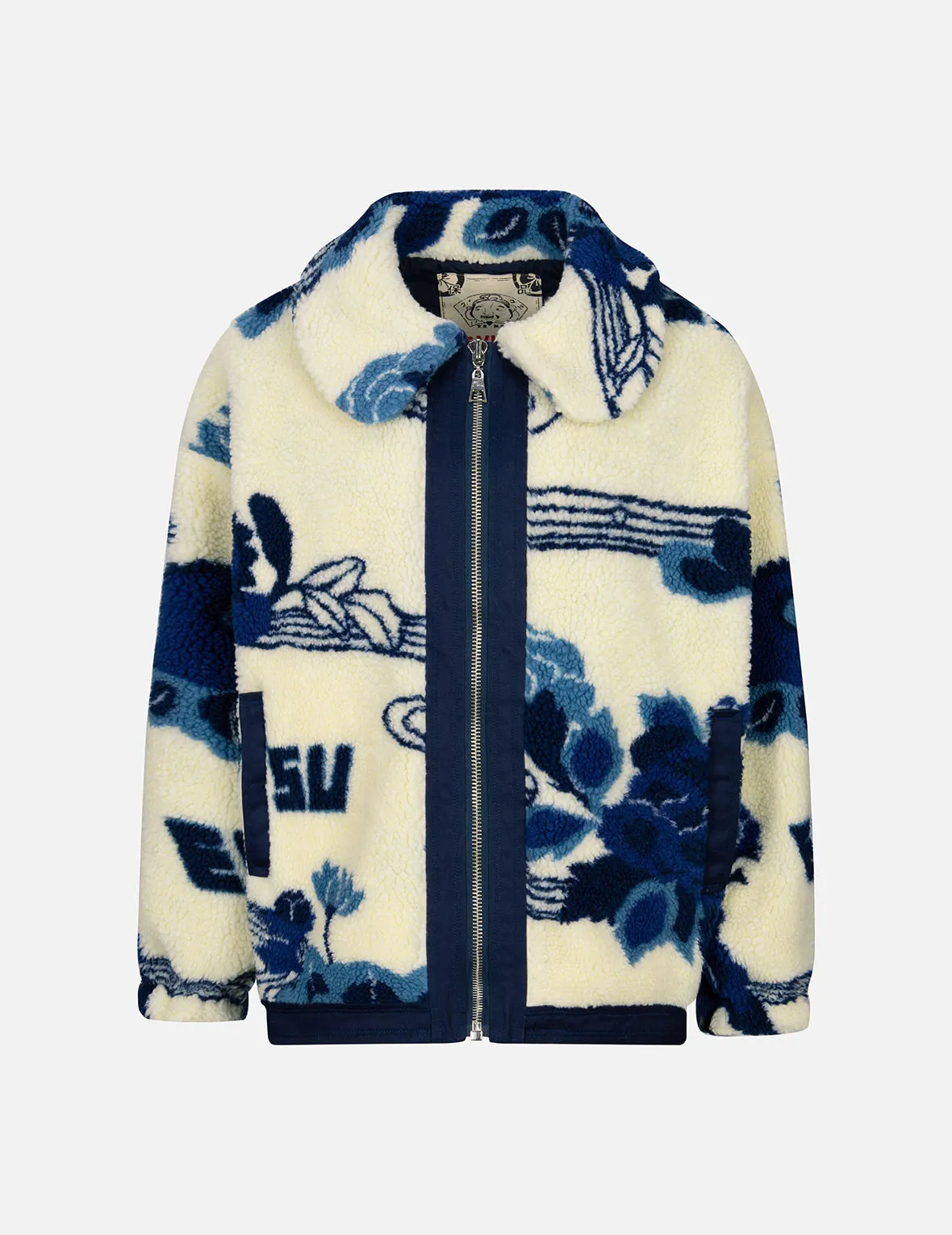 Tonal Floral Jacquard Drop-shoulder Zipped Sherpa Jacket