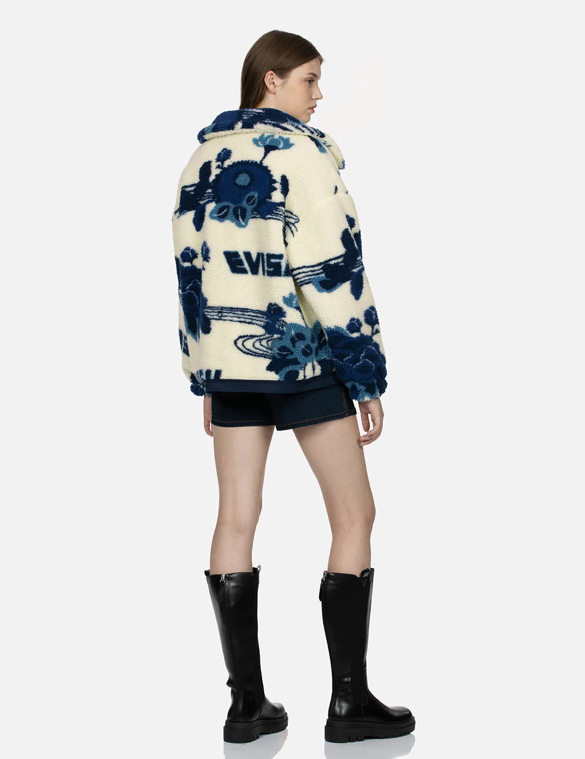 Tonal Floral Jacquard Drop-shoulder Zipped Sherpa Jacket