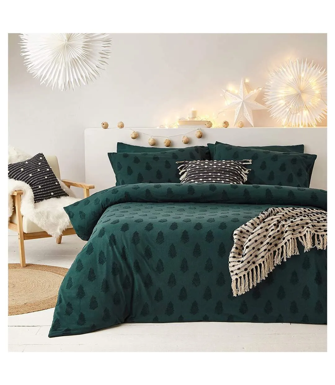 Tufted christmas tree duvet cover set pine green The Linen Yard