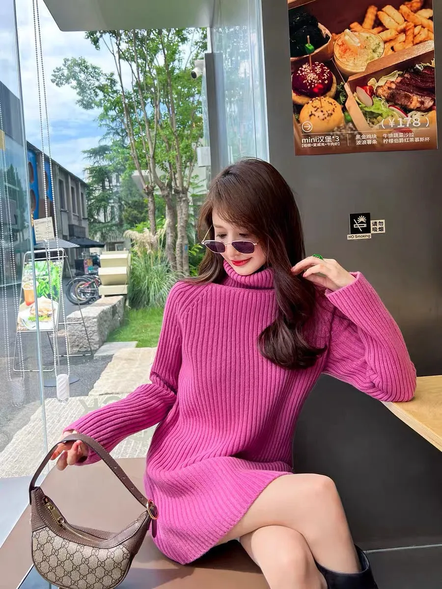 Turtleneck wool knitted dress women's mid-length 2023 spring and autumn new fashion loose slimming inner sweater