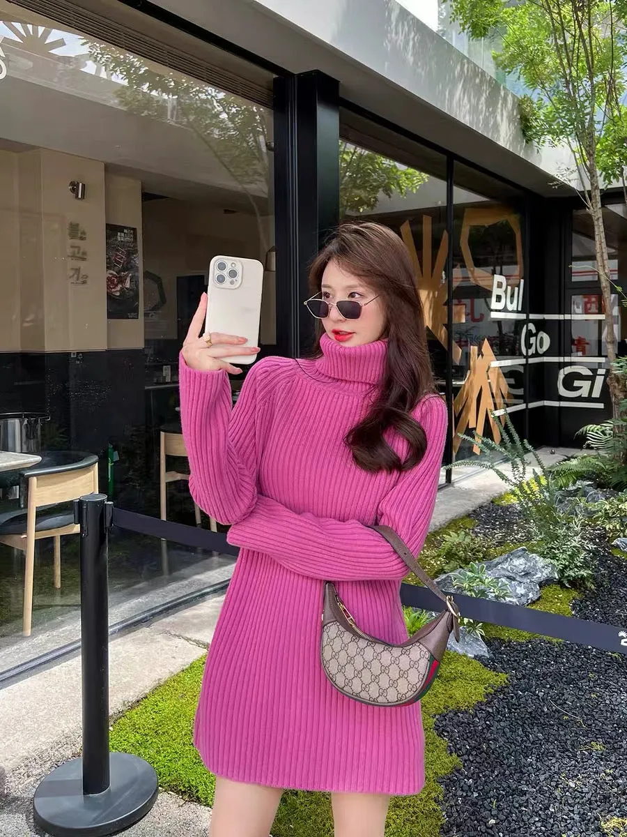 Turtleneck wool knitted dress women's mid-length 2023 spring and autumn new fashion loose slimming inner sweater