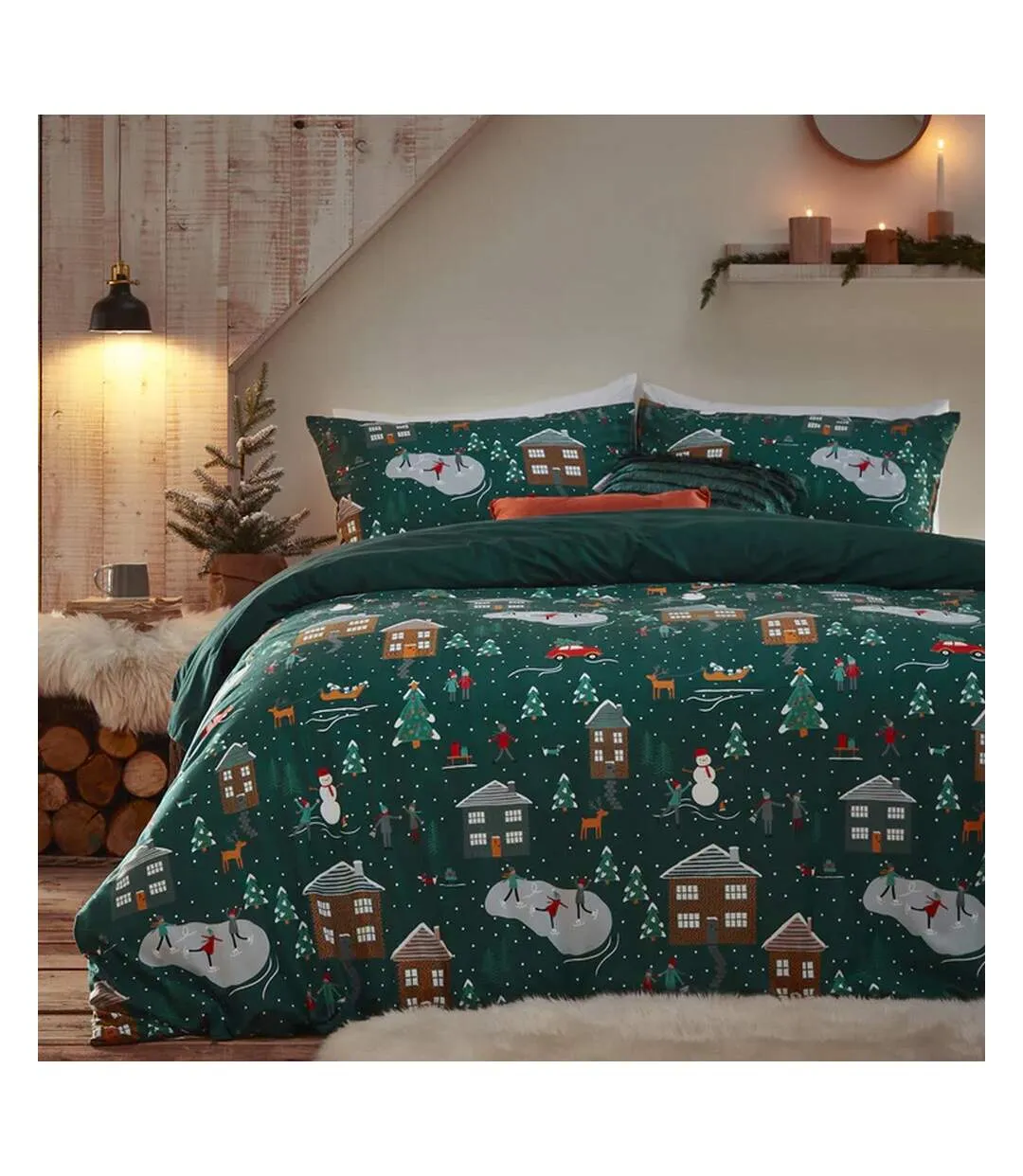 Winter pines fleece duvet cover set pine green Furn