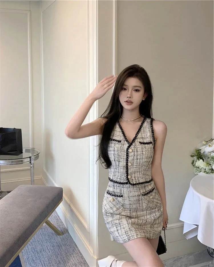 Xiaoxiangfeng suit summer women's 2023 new French V-neck short vest vest top skirt two-piece set